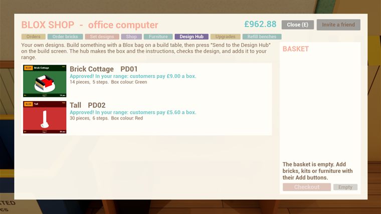 The office computer's Design Hub tab with two approved player designs
