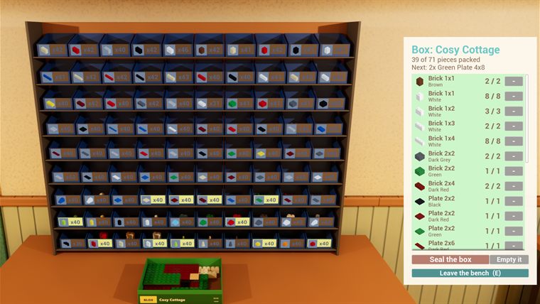 The packing bench: a wall of parts bins with the needed ones lit, a half-packed box and its checklist
